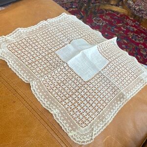 Vintage linen - Cream Handkerchief geometric needle work with lace trim. 1930s